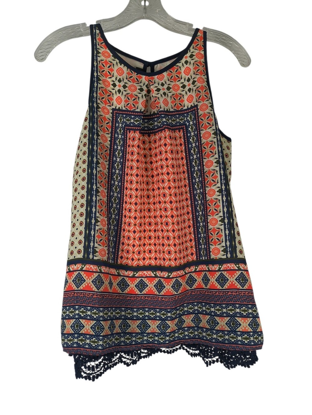 A Byer Blouse Women's M Coral Blue Sleeveless Geometric Pattern Crochet Hem